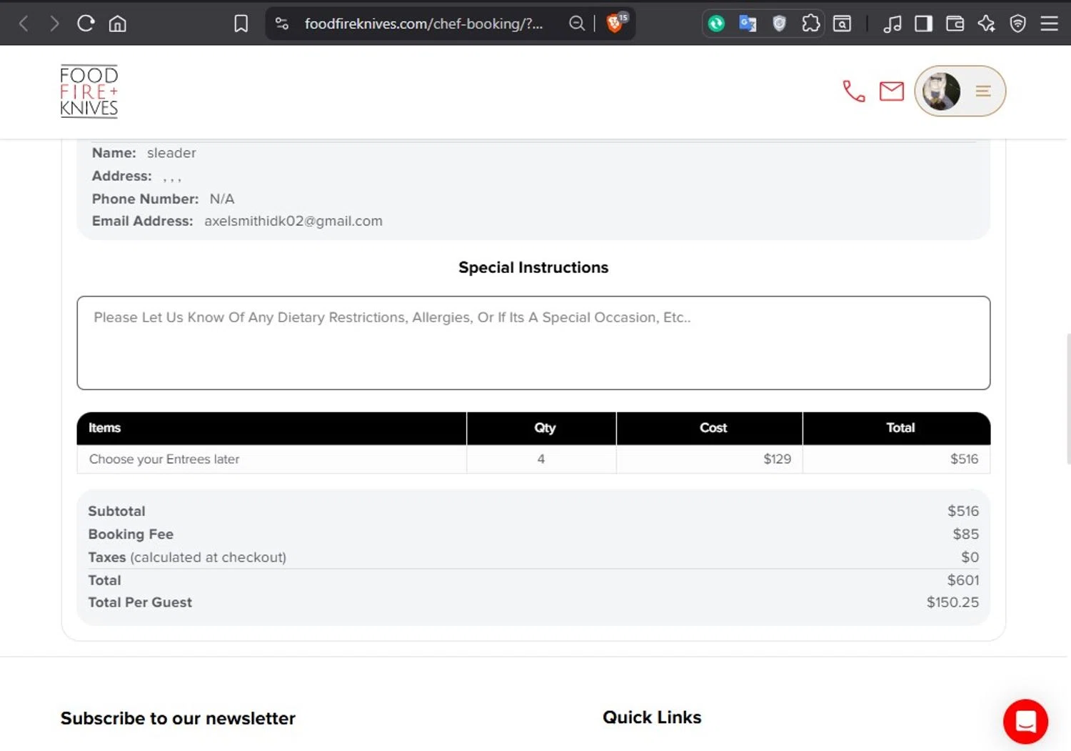 Food Fire + Knives promo code screenshot showing code NOBOOKINGFEE2025 applied at Food Fire + Knives checkout page. Uploaded by SimplyCodes community member Axlqbi on Oct 6, 2025