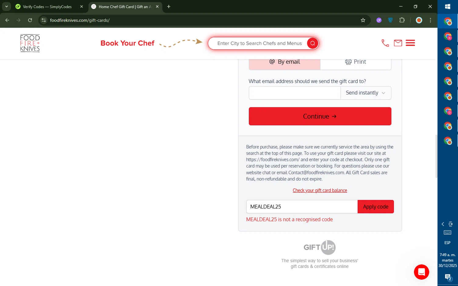 Food Fire + Knives promo code screenshot showing code MEALDEAL25 applied at Food Fire + Knives checkout page. Uploaded by SimplyCodes community member DealTiger9869 on Dec 30, 2025
