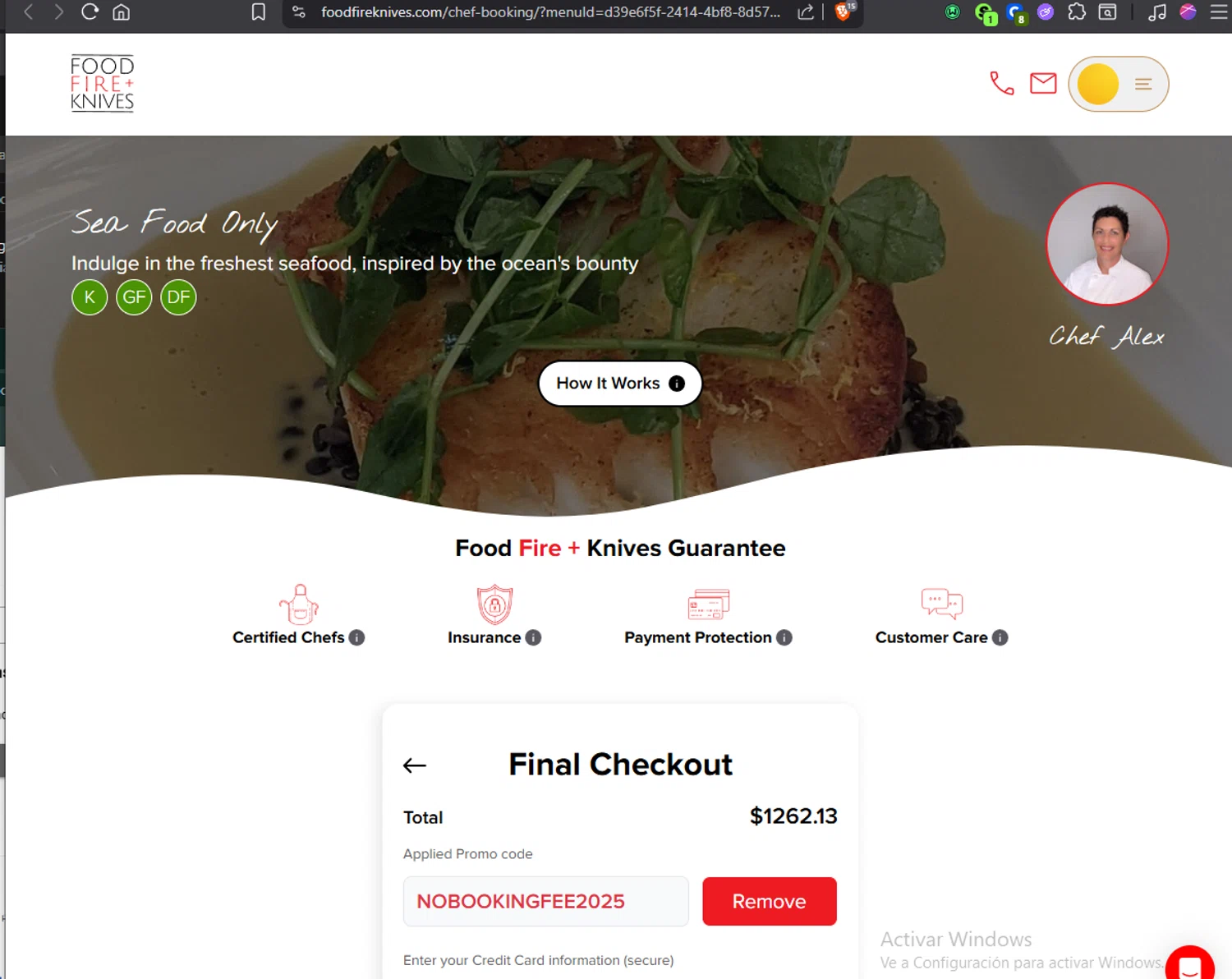 Food Fire + Knives promo code screenshot showing code NOBOOKINGFEE2025 applied at Food Fire + Knives checkout page. Uploaded by SimplyCodes community member Jmhernand1 on Sep 6, 2025