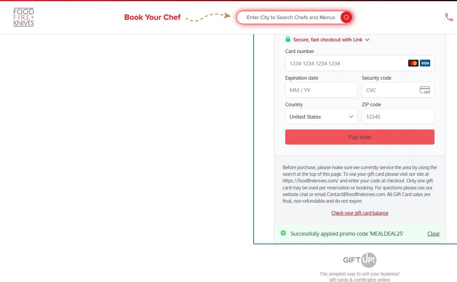 Food Fire + Knives promo code screenshot showing code MEALDEAL25 applied at Food Fire + Knives checkout page. Uploaded by SimplyCodes community member stygian1 on Dec 1, 2025