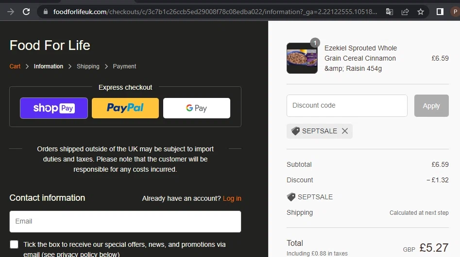 Food For Life UK checkout page showing Food For Life UK promo code box | Screenshot taken by SimplyCodes community member on Sep 20, 2022