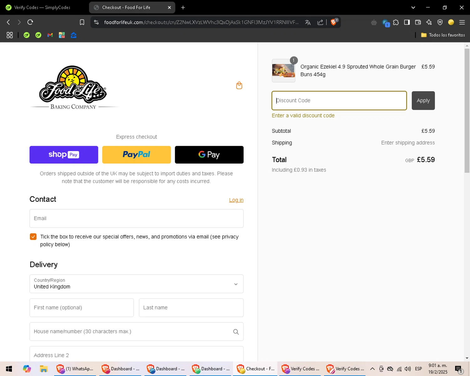 Food For Life UK promo code screenshot showing code MAR20 applied at Food For Life UK checkout page. Uploaded by SimplyCodes community member SaleOwl2150 on Feb 19, 2025