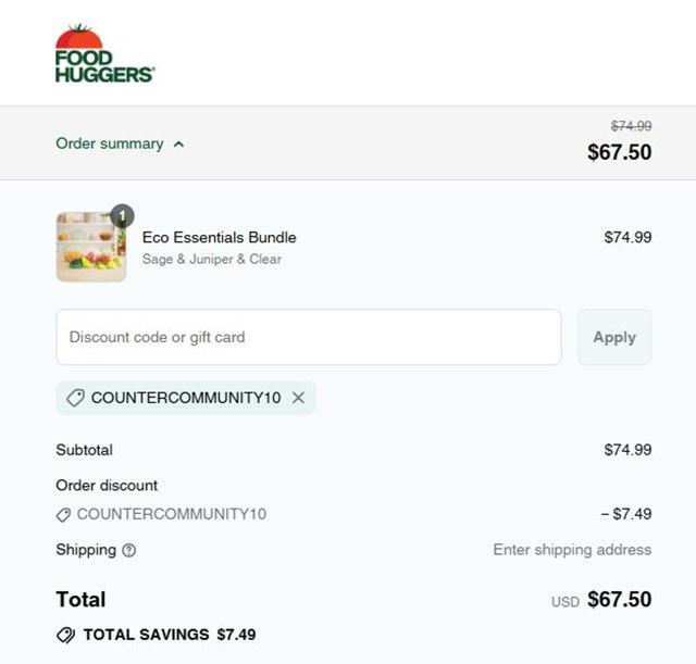 Food Huggers checkout page showing Food Huggers coupon code box | Screenshot taken by SimplyCodes community member on Sep 8, 2025