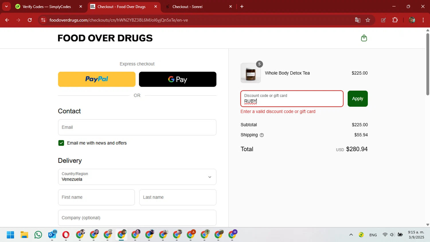 Food Over Drugs discount code screenshot showing code RUBY applied at Food Over Drugs checkout page. Uploaded by SimplyCodes community member David_Gut_Sonic on Sep 3, 2025