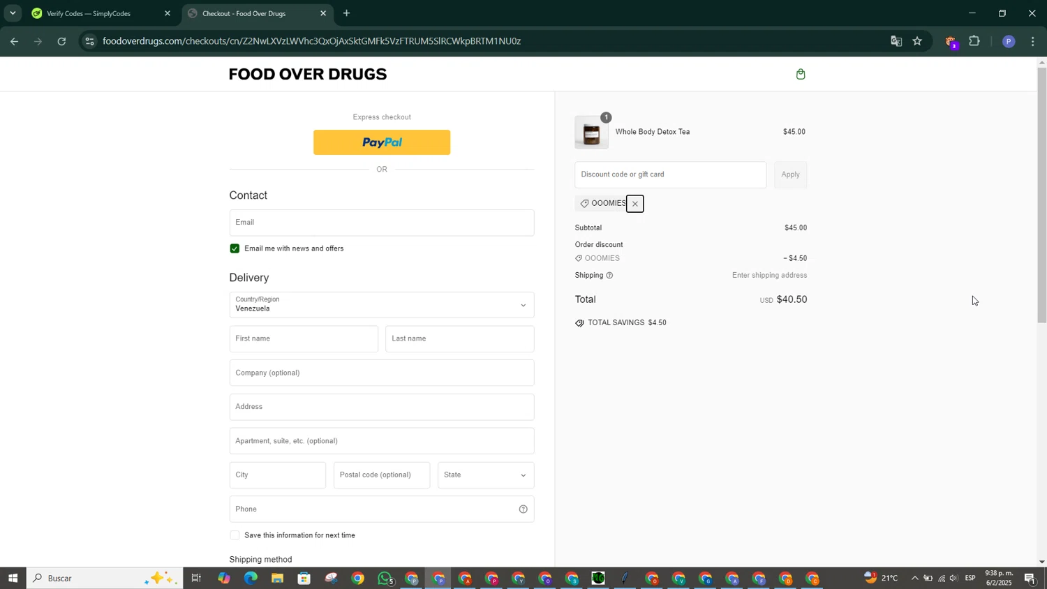 Food Over Drugs discount code screenshot showing code Ooomies applied at Food Over Drugs checkout page. Uploaded by SimplyCodes community member MoneyExpert2102 on Feb 7, 2025