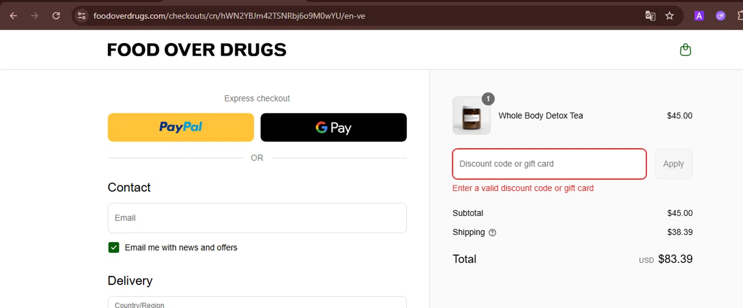 Food Over Drugs discount code screenshot showing code Ooomies applied at Food Over Drugs checkout page. Uploaded by SimplyCodes community member TreasureScout5082 on Sep 3, 2025