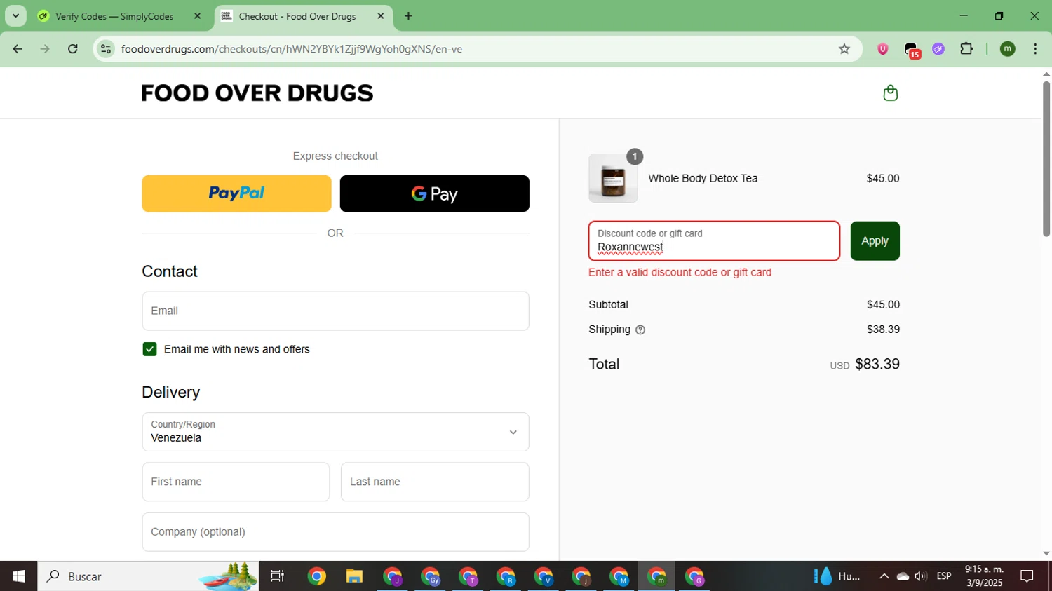Food Over Drugs discount code screenshot showing code Roxannewest applied at Food Over Drugs checkout page. Uploaded by SimplyCodes community member CoinSage7057 on Sep 3, 2025