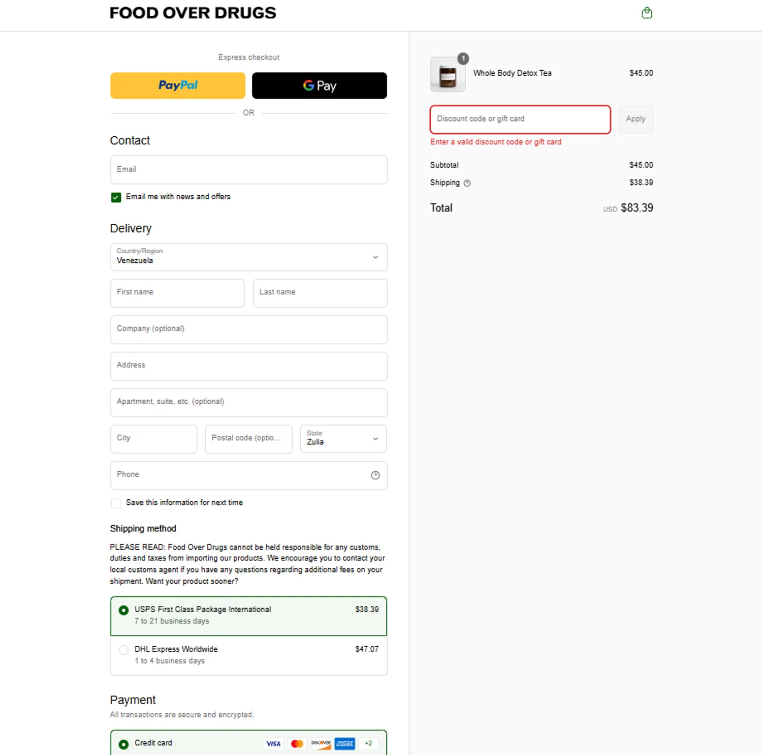Food Over Drugs discount code screenshot showing code Roxannewest applied at Food Over Drugs checkout page. Uploaded by SimplyCodes community member RealMadrid15 on Sep 3, 2025