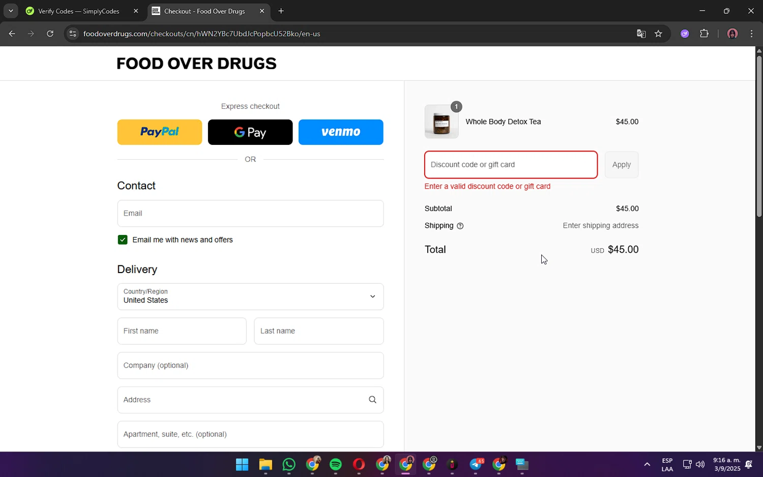 Food Over Drugs discount code screenshot showing code Roxannewest applied at Food Over Drugs checkout page. Uploaded by SimplyCodes community member ShrewdPilot3521 on Sep 3, 2025
