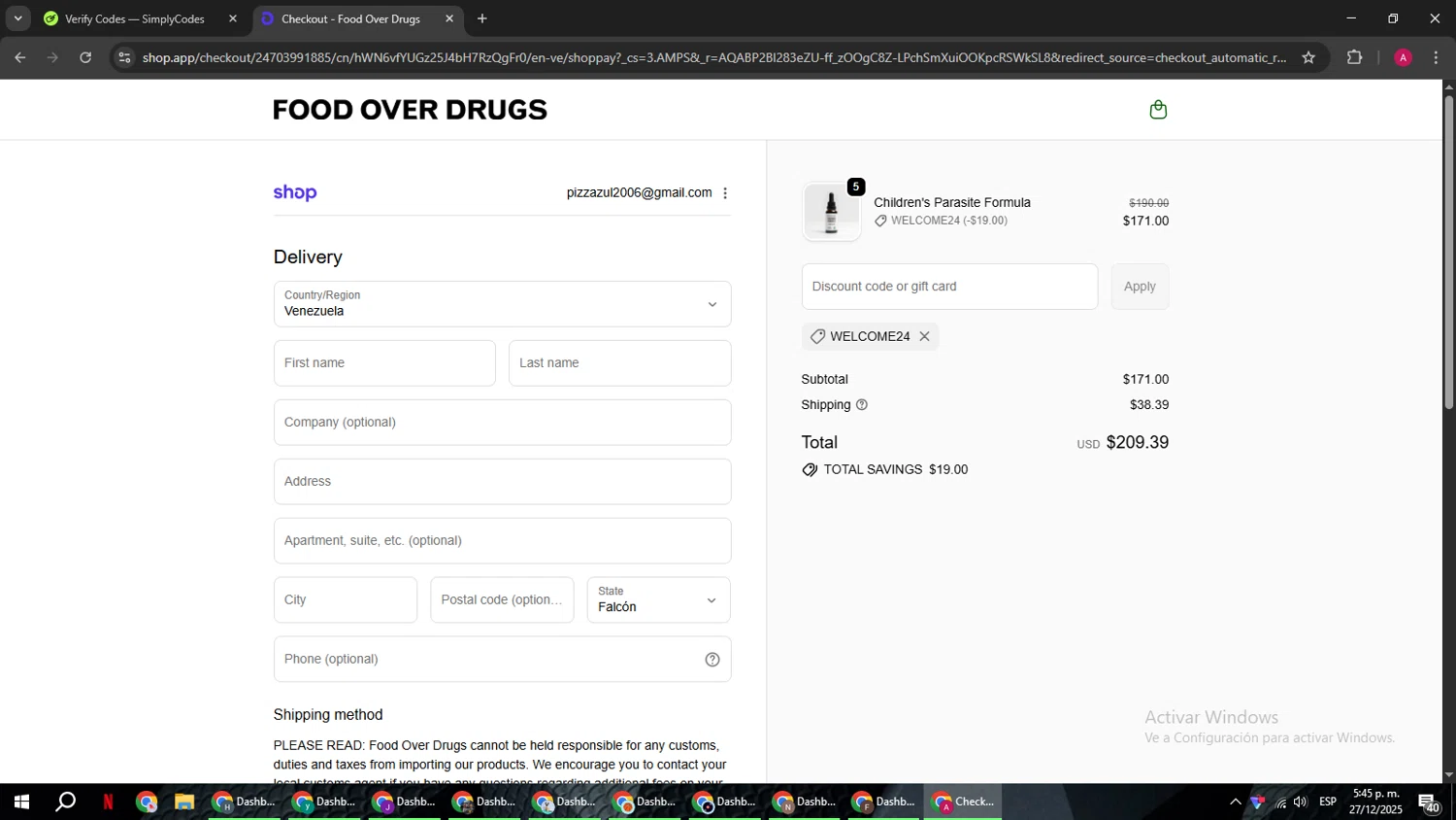 Food Over Drugs discount code screenshot showing code welcome24 applied at Food Over Drugs checkout page. Uploaded by SimplyCodes community member BMWGS1200 on Dec 27, 2025