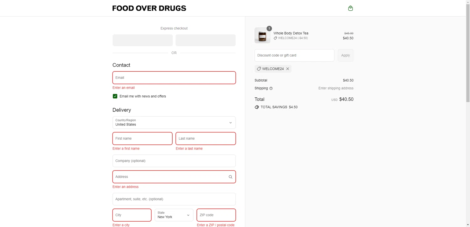 Food Over Drugs discount code screenshot showing code welcome24 applied at Food Over Drugs checkout page. Uploaded by SimplyCodes community member BrilliantRanger9984 on Aug 16, 2025