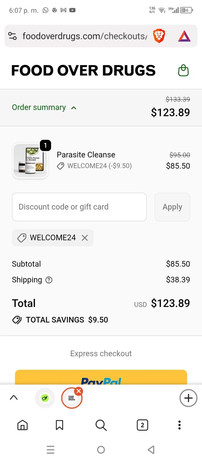 Food Over Drugs discount code screenshot showing code welcome24 applied at Food Over Drugs checkout page. Uploaded by SimplyCodes community member DiscountCollector1489 on Oct 26, 2025