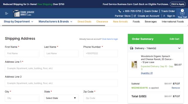 FoodServiceDirect checkout page showing FoodServiceDirect promo code box | Screenshot taken by SimplyCodes community member on Sep 6, 2025