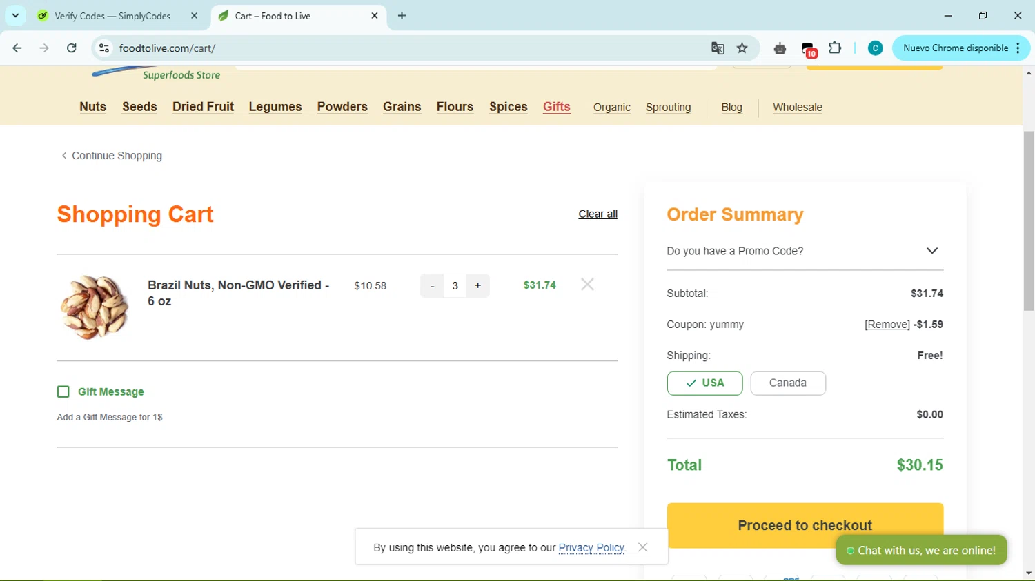 Food To Live discount code screenshot showing code yummy applied at Food To Live checkout page. Uploaded by SimplyCodes community member Simpsince95 on Feb 21, 2025