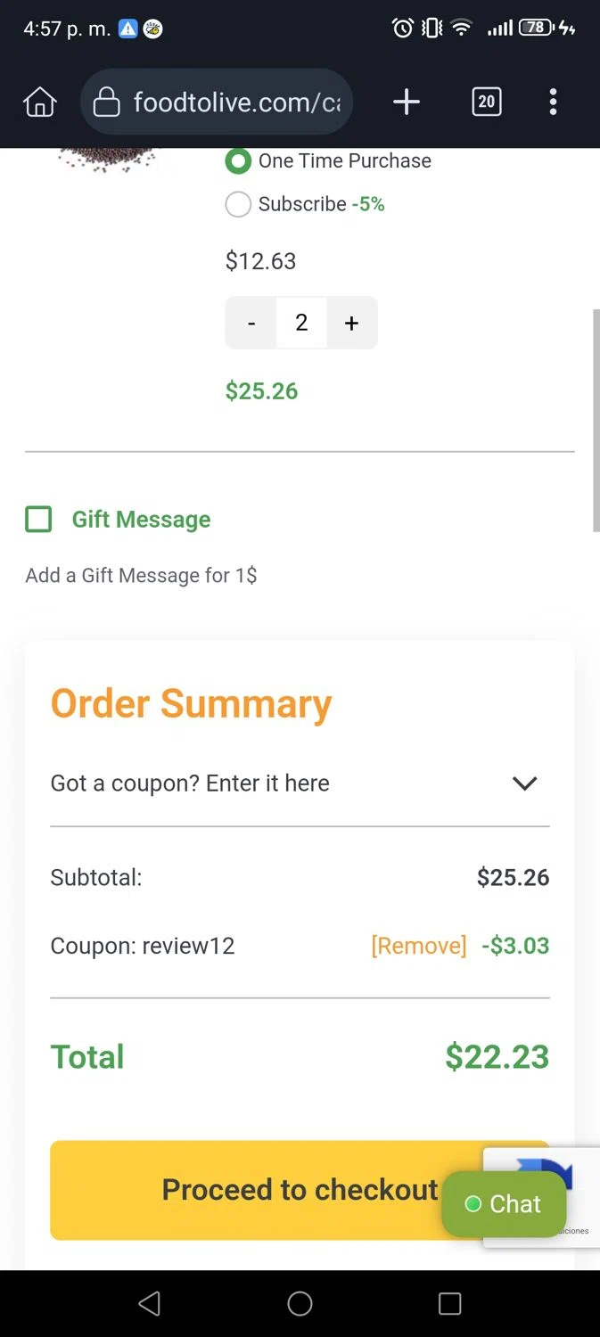 Food To Live discount code screenshot showing code REVIEW12 applied at Food To Live checkout page. Uploaded by SimplyCodes community member George07 on Sep 10, 2025
