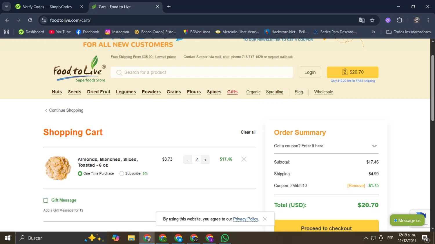 Food To Live discount code screenshot showing code 25HBFTL10 applied at Food To Live checkout page. Uploaded by SimplyCodes community member Mroctober06 on Dec 11, 2025