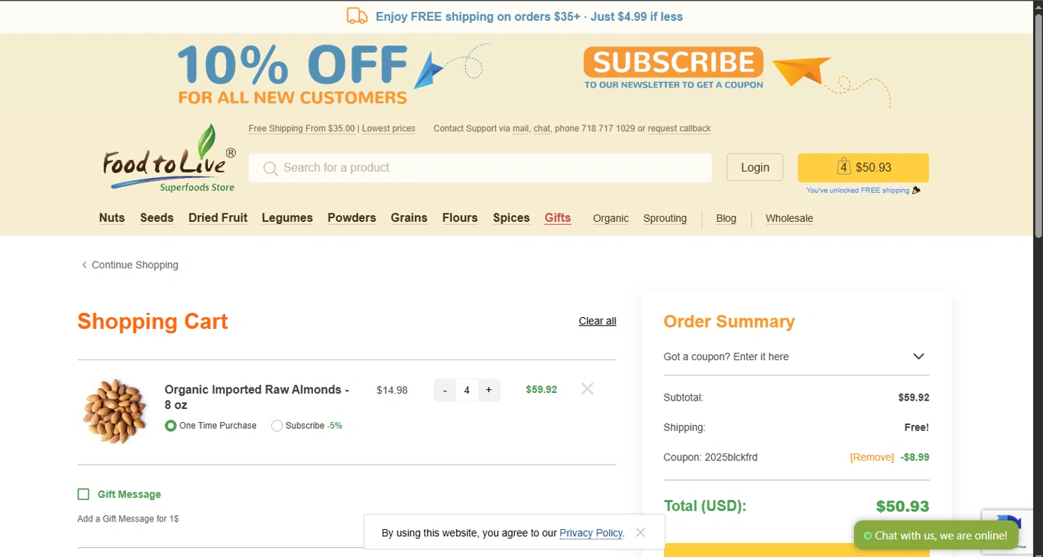 Food To Live checkout page showing Food To Live discount code box | Screenshot taken by SimplyCodes community member on Nov 25, 2025