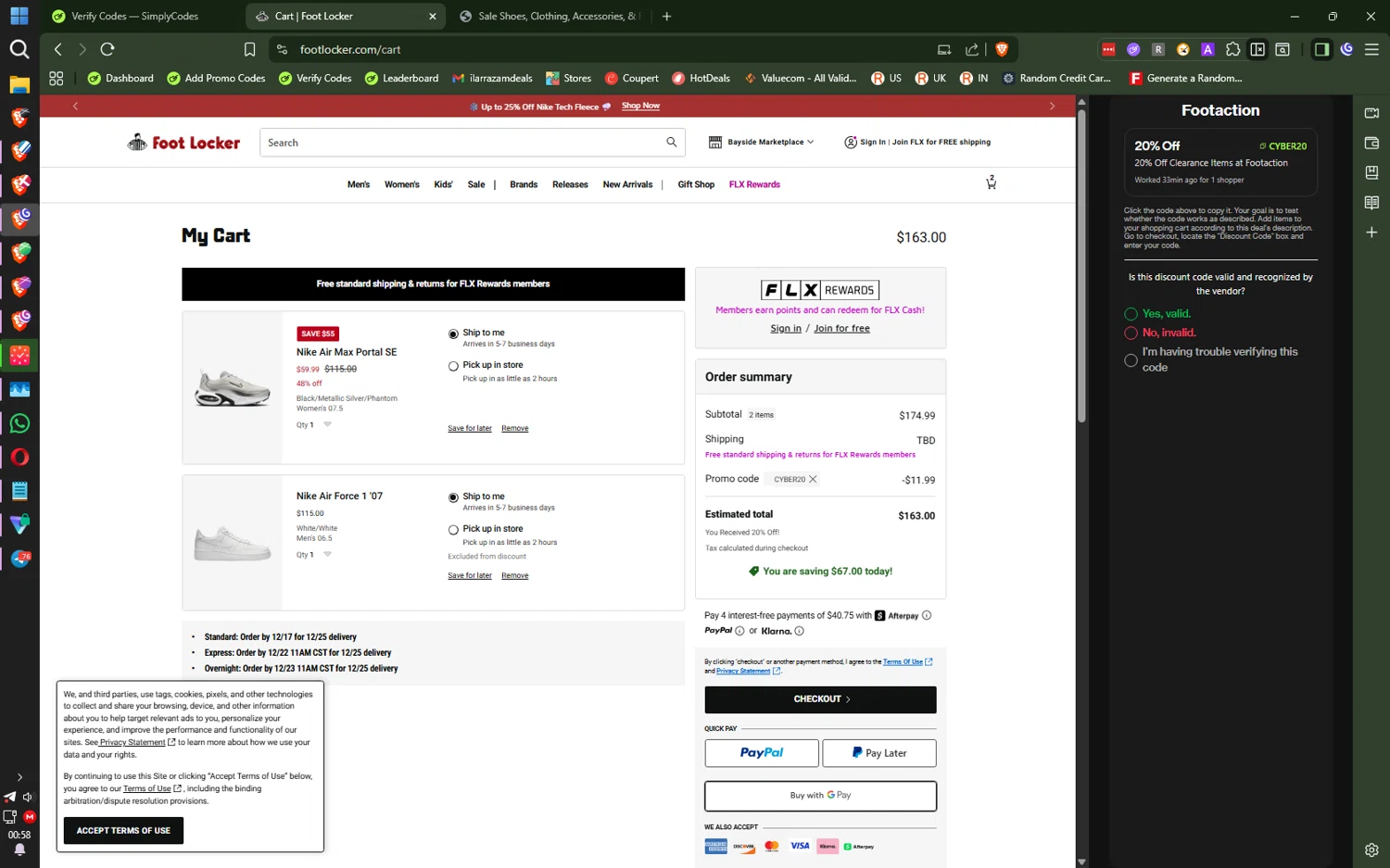 Footaction checkout page showing Footaction promo code box | Screenshot taken by SimplyCodes community member on Dec 2, 2025