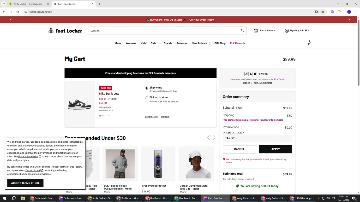 Footaction promo code screenshot showing code TAKE20 applied at Footaction checkout page. Uploaded by SimplyCodes community member AberthGotopo on Nov 13, 2025