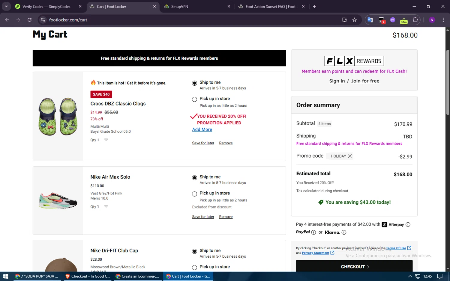 Footaction promo code screenshot showing code HOLIDAY applied at Footaction checkout page. Uploaded by SimplyCodes community member ShieldElite2370 on Dec 15, 2025