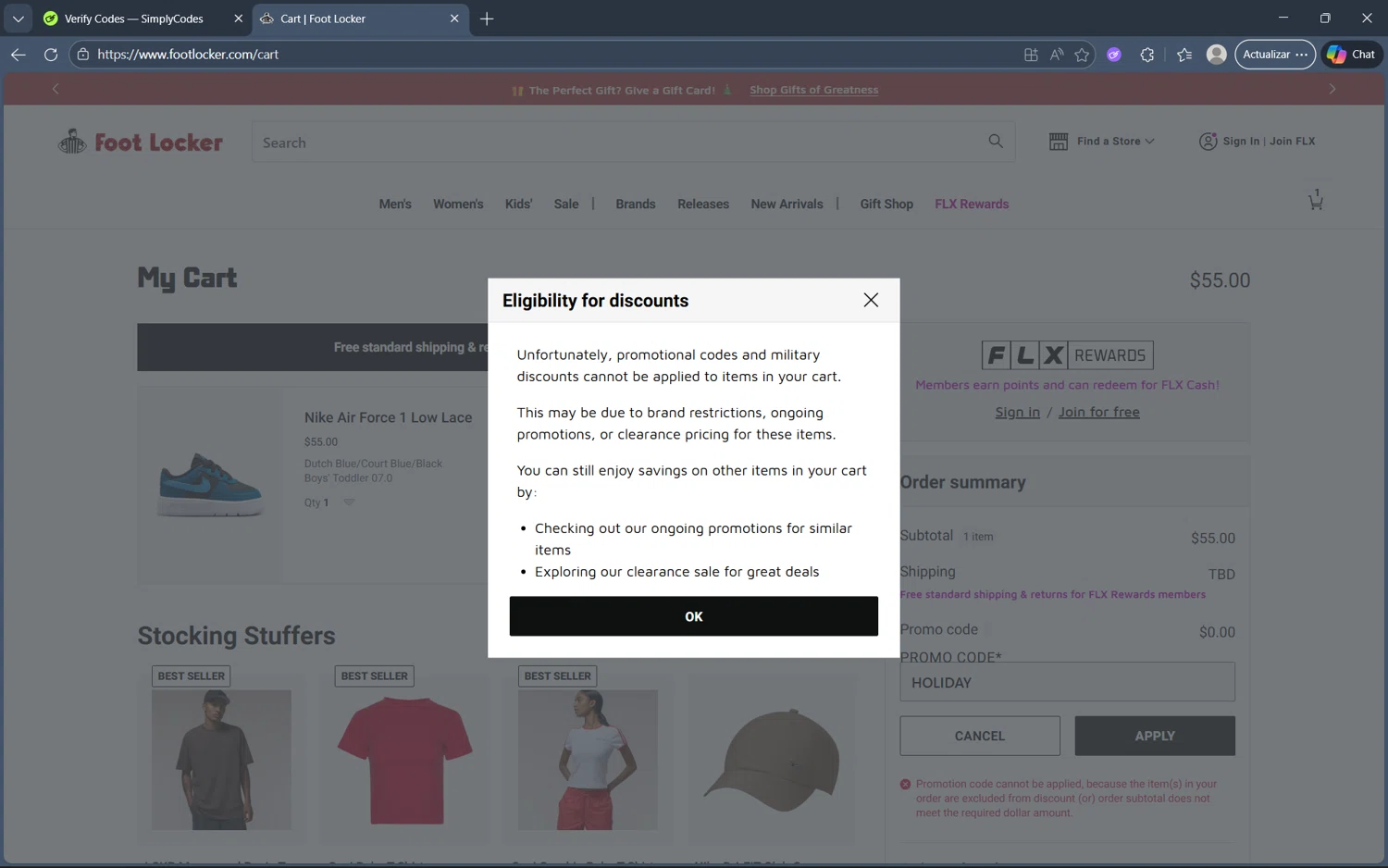 Footaction promo code screenshot showing code HOLIDAY applied at Footaction checkout page. Uploaded by SimplyCodes community member frijolito on Dec 24, 2025
