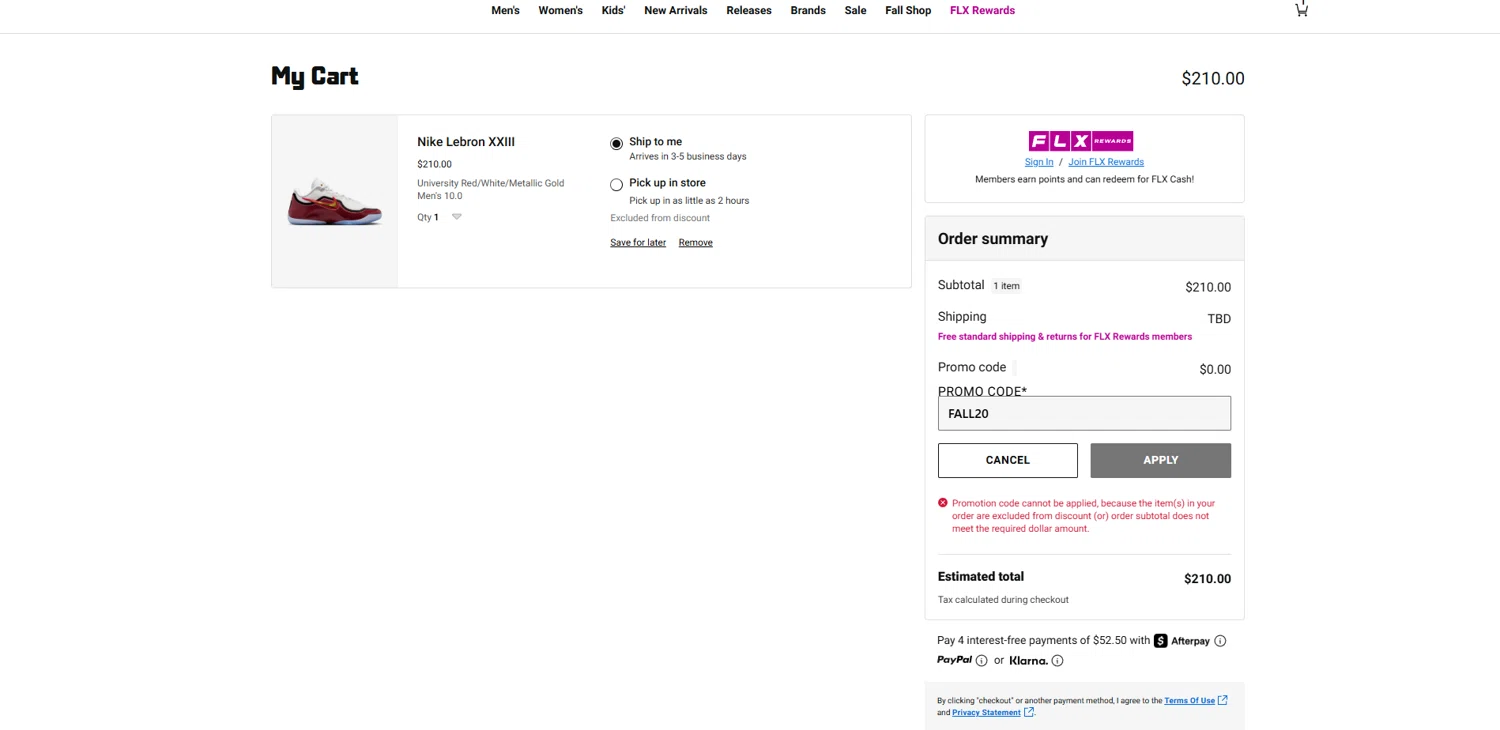 Footaction checkout page showing Footaction promo code box | Screenshot taken by SimplyCodes community member on Nov 2, 2025