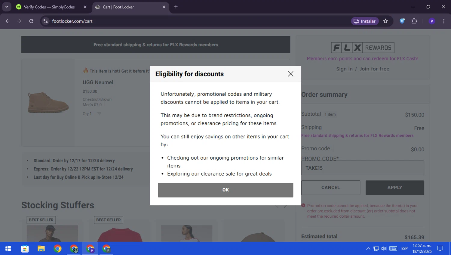 Footaction checkout page showing Footaction promo code box | Screenshot taken by SimplyCodes community member on Dec 18, 2025