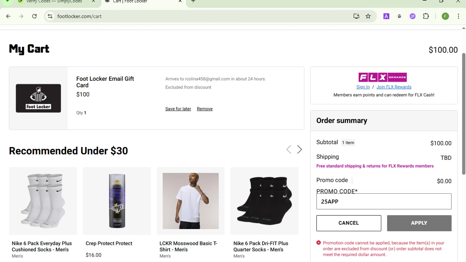 Footaction promo code screenshot showing code 25APP applied at Footaction checkout page. Uploaded by SimplyCodes community member Fish3r on Aug 14, 2025