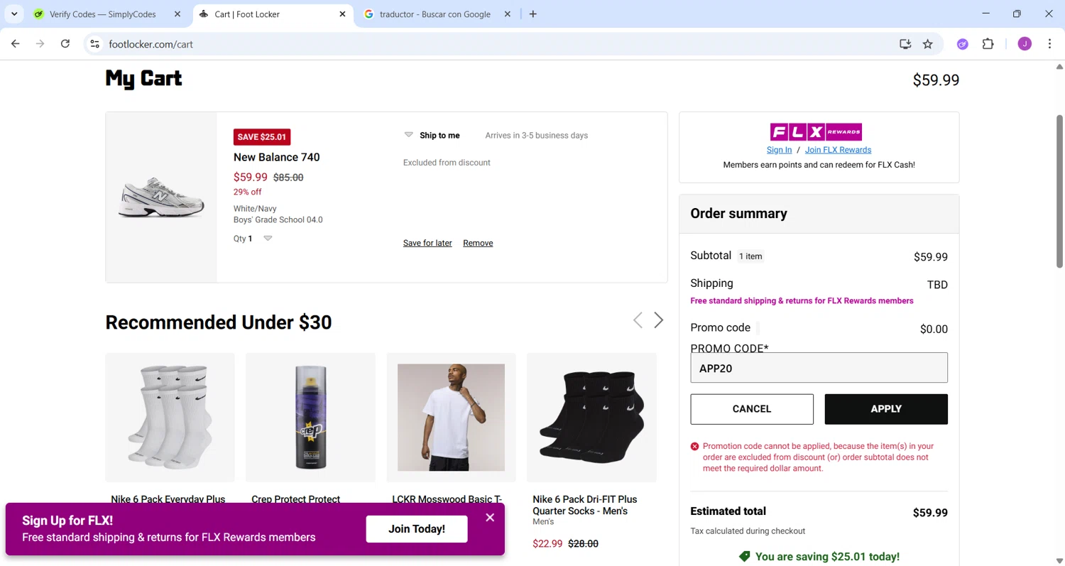 Footaction promo code screenshot showing code APP20 applied at Footaction checkout page. Uploaded by SimplyCodes community member CleverChaser8361 on Aug 27, 2025