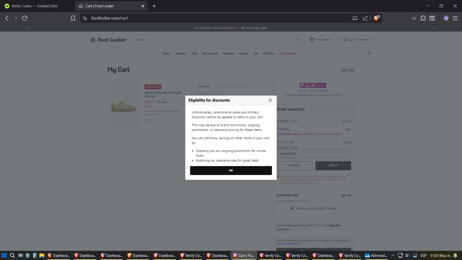 Footaction promo code screenshot showing code SUMMER20 applied at Footaction checkout page. Uploaded by SimplyCodes community member Amidamaru on Sep 8, 2025