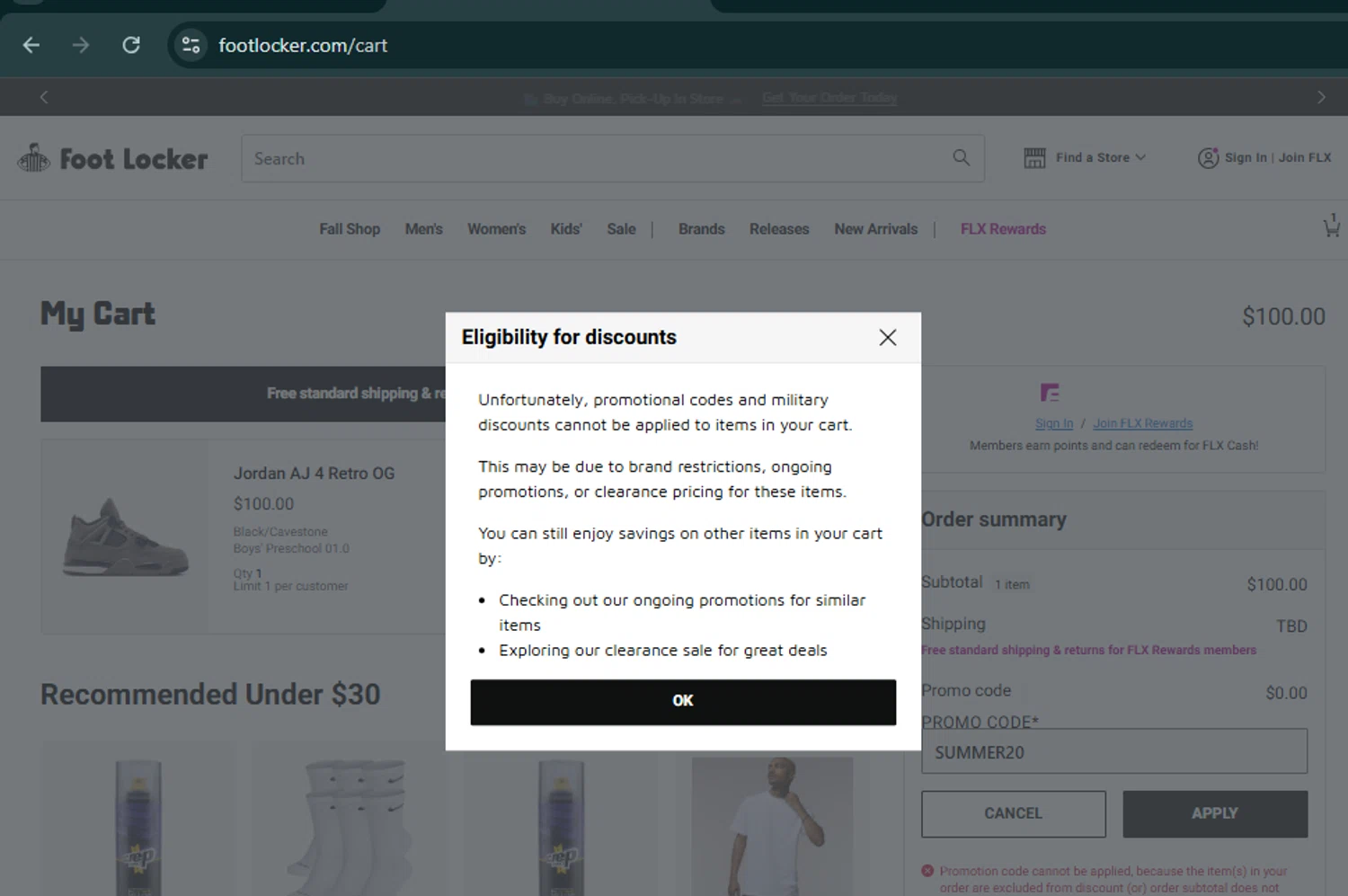 Footaction promo code screenshot showing code SUMMER20 applied at Footaction checkout page. Uploaded by SimplyCodes community member SalePro7215 on Sep 8, 2025