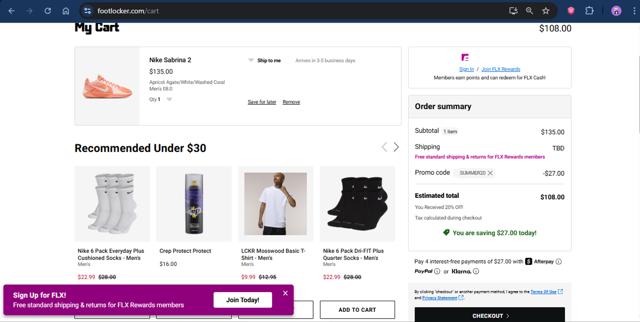Footaction checkout page showing Footaction promo code box | Screenshot taken by SimplyCodes community member on Aug 28, 2025