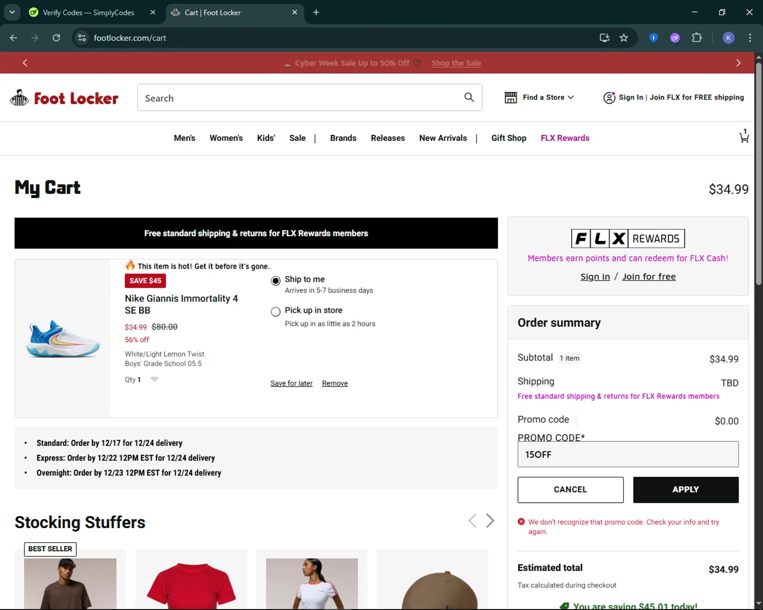 Footaction promo code screenshot showing code 15OFF applied at Footaction checkout page. Uploaded by SimplyCodes community member KevLapage on Dec 6, 2025