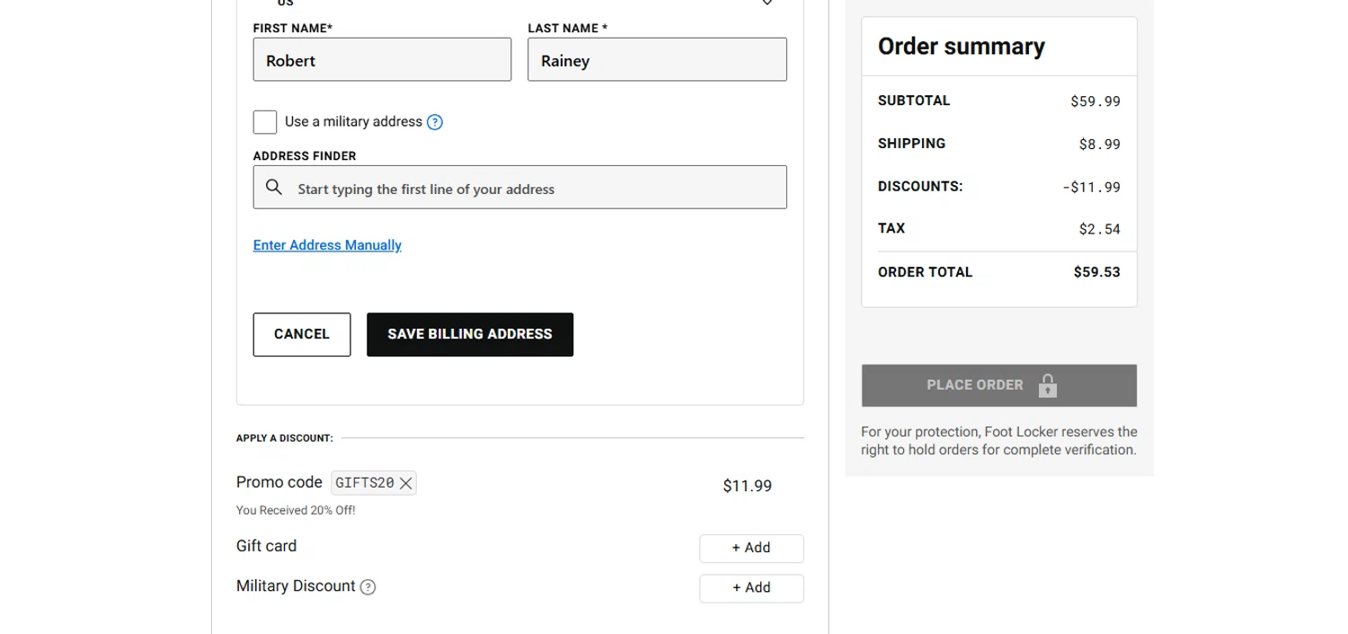 Footaction checkout page showing Footaction promo code box | Screenshot taken by SimplyCodes community member on Dec 12, 2025