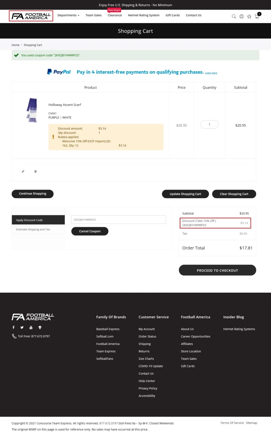 Football America checkout page showing Football America promo code box | Screenshot taken by SimplyCodes community member on Mar 31, 2021