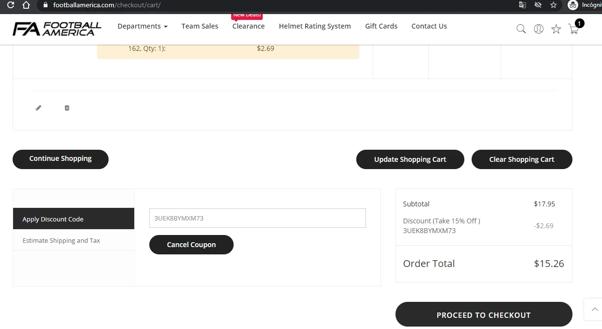 Football America checkout page showing Football America promo code box | Screenshot taken by SimplyCodes community member on Apr 27, 2021