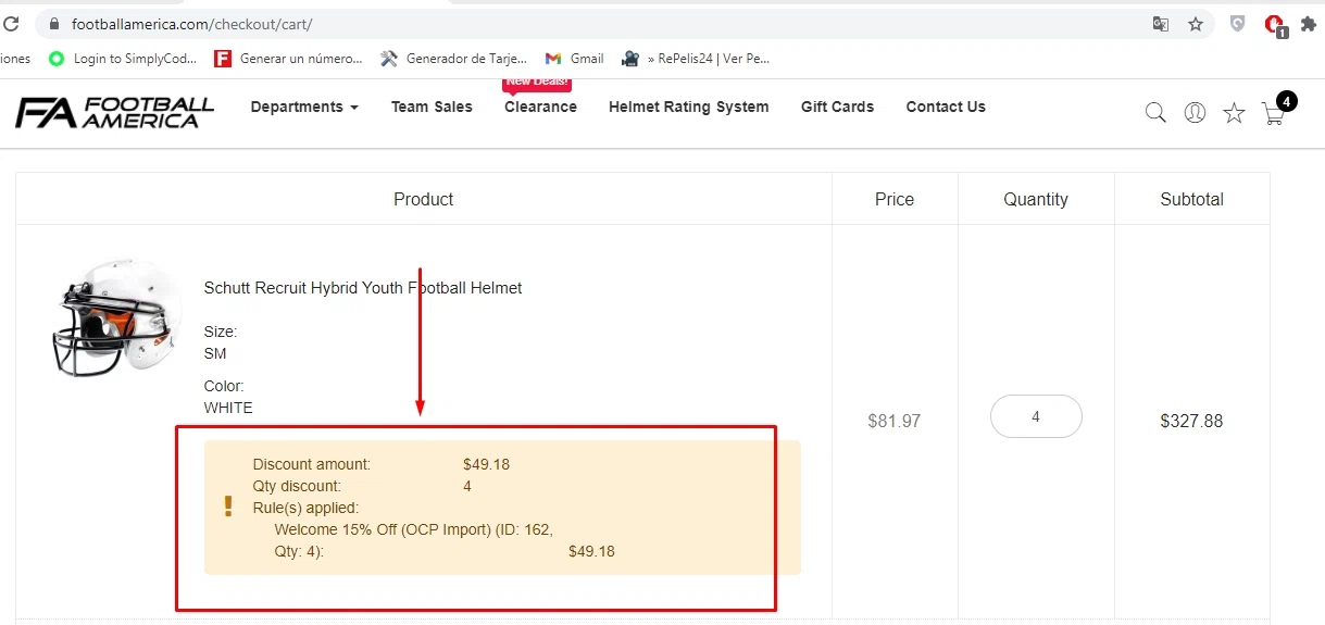 Football America checkout page showing Football America promo code box | Screenshot taken by SimplyCodes community member on May 2, 2021