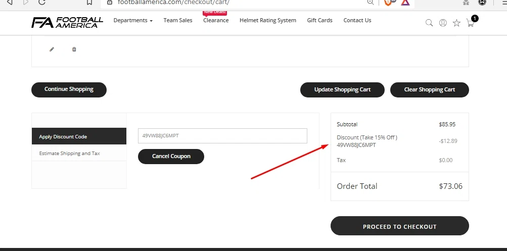 Football America checkout page showing Football America promo code box | Screenshot taken by SimplyCodes community member on Mar 28, 2021
