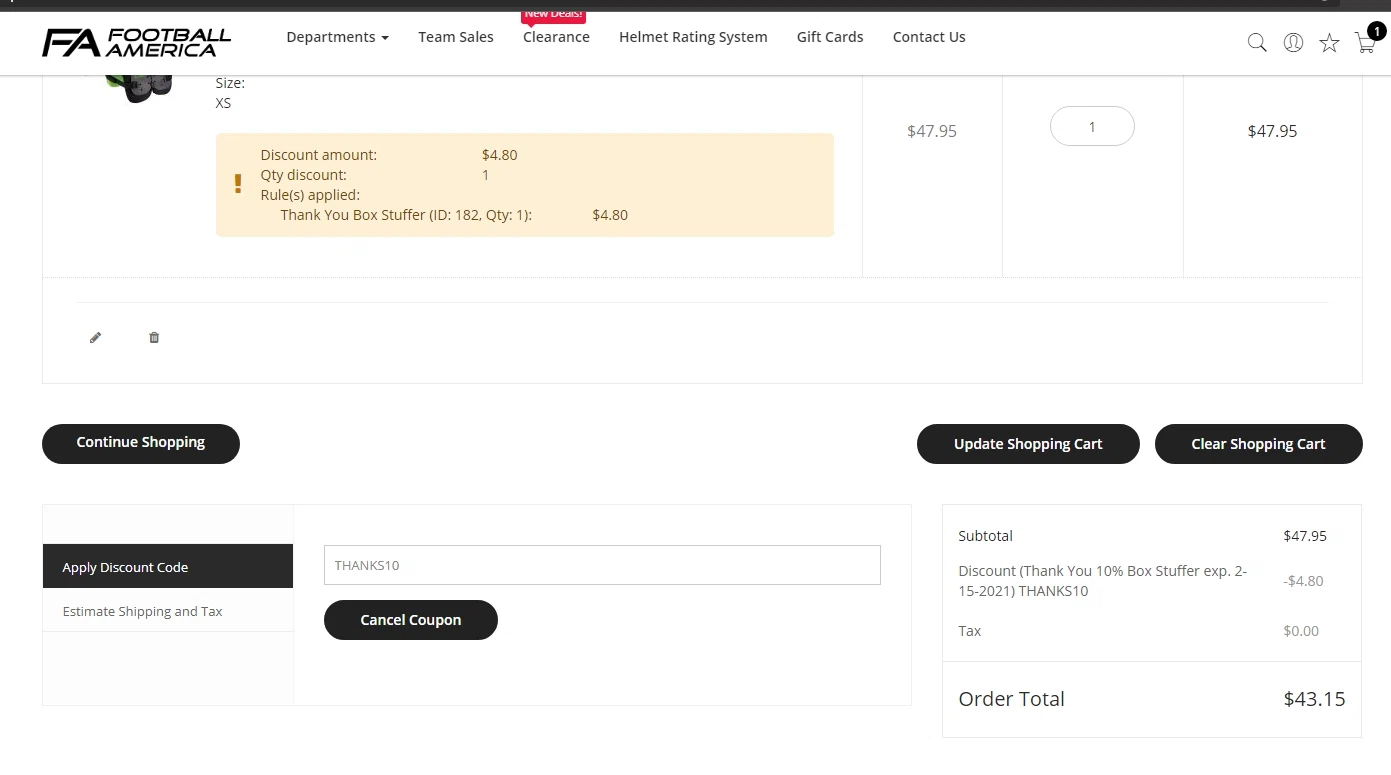Football America checkout page showing Football America promo code box | Screenshot taken by SimplyCodes community member on Apr 18, 2021