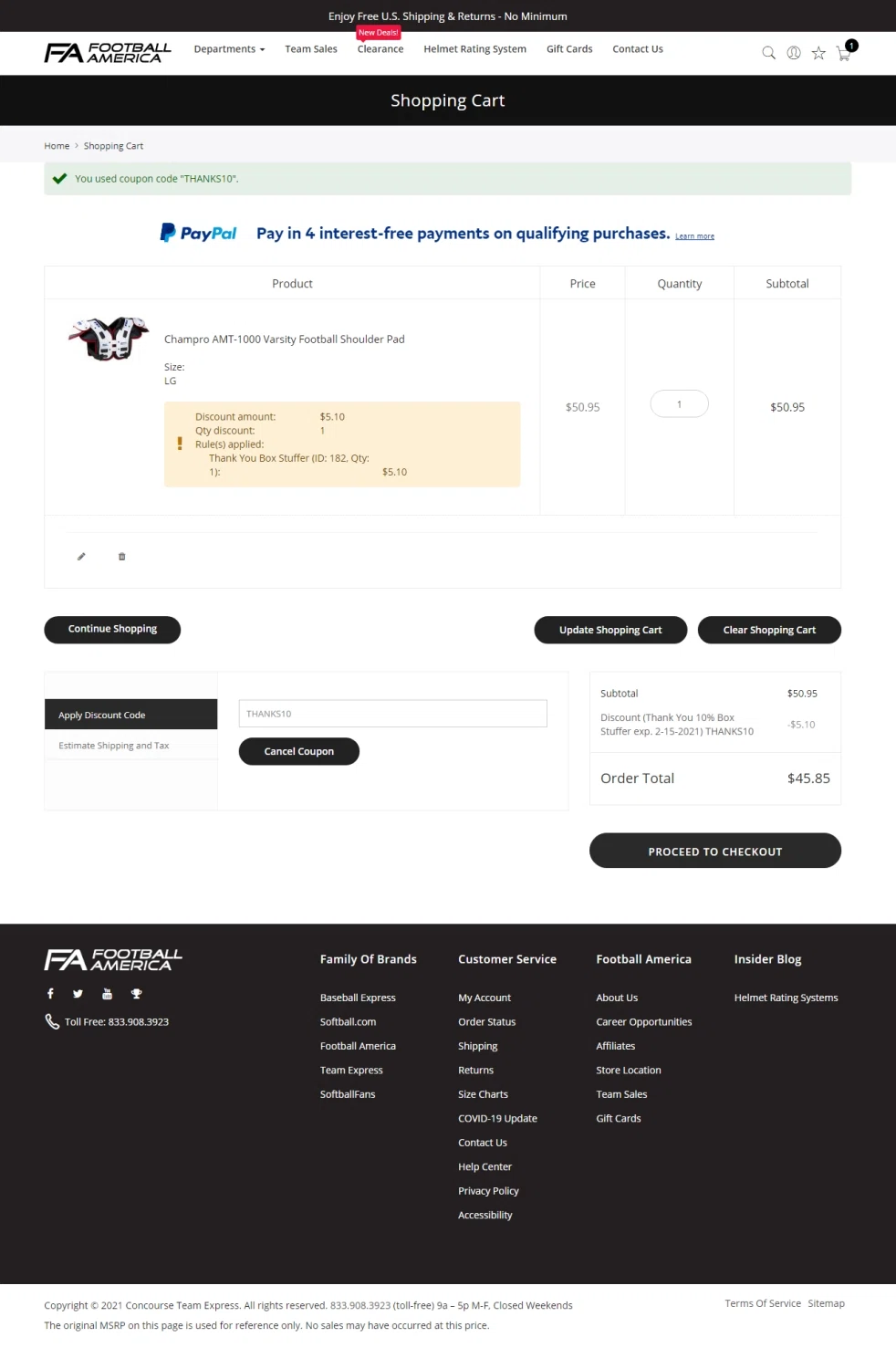 Football America checkout page showing Football America promo code box | Screenshot taken by SimplyCodes community member on Jun 28, 2021