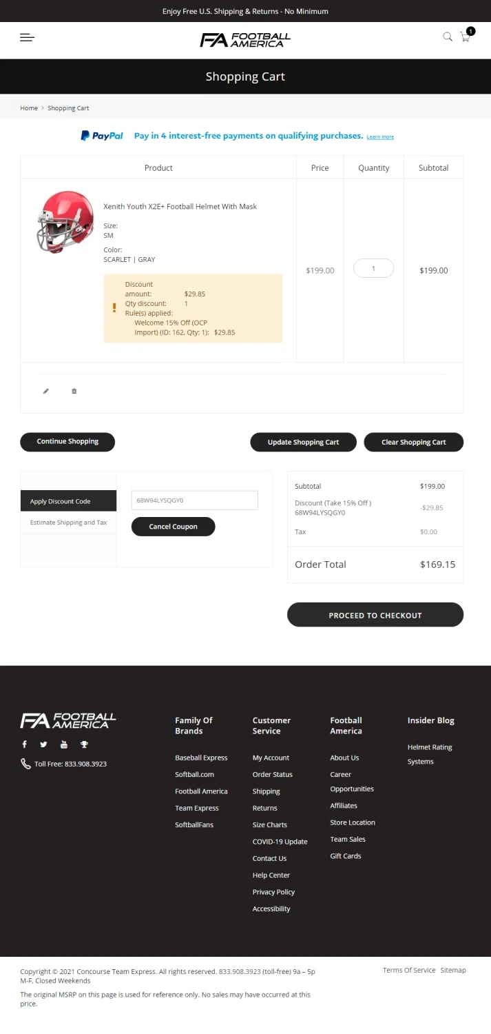 Football America checkout page showing Football America promo code box | Screenshot taken by SimplyCodes community member on May 23, 2021