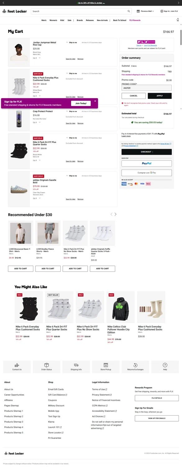 Foot Locker promo code screenshot showing code JULY20 applied at Foot Locker checkout page. Uploaded by SimplyCodes community member FortunateShopper8827 on Jul 21, 2025