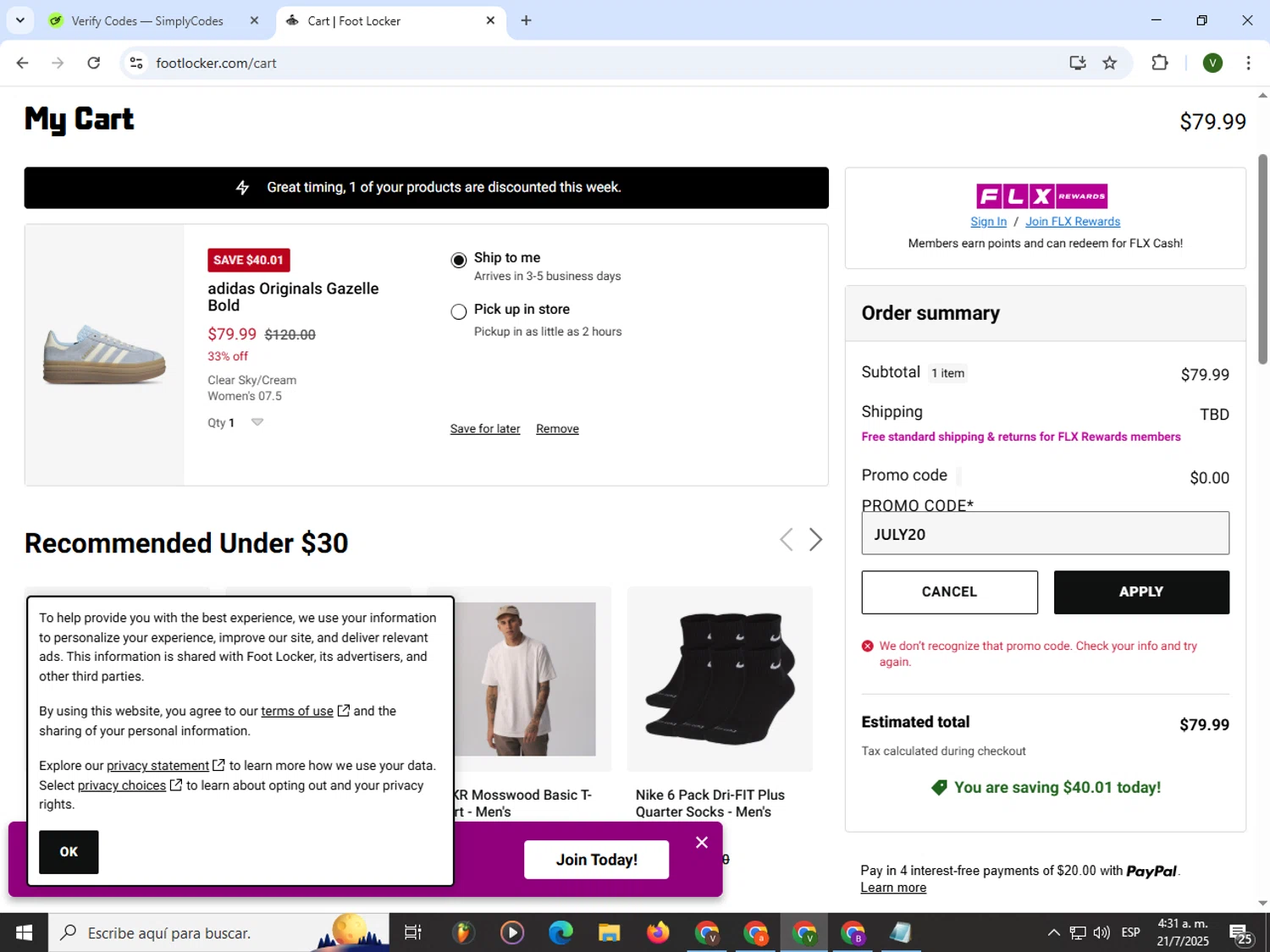 Foot Locker promo code screenshot showing code JULY20 applied at Foot Locker checkout page. Uploaded by SimplyCodes community member PrimeWizard4168 on Jul 21, 2025