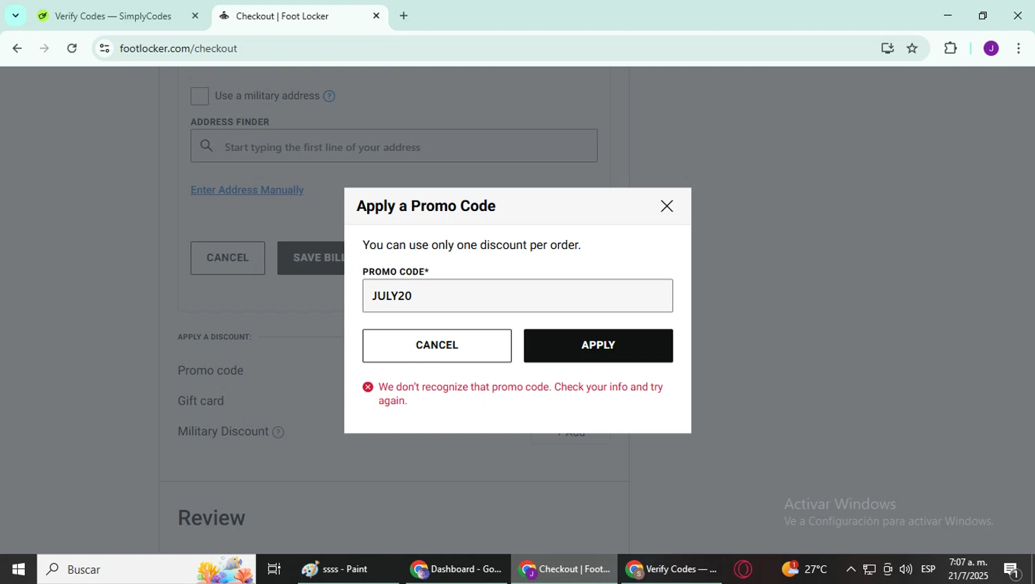Foot Locker promo code screenshot showing code JULY20 applied at Foot Locker checkout page. Uploaded by SimplyCodes community member YutakaH0shin0 on Jul 21, 2025