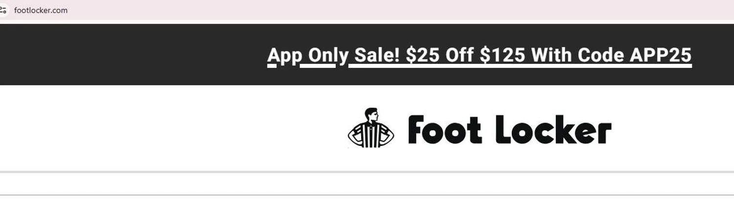 Foot Locker promo code screenshot showing code app25 applied at Foot Locker checkout page. Uploaded by SimplyCodes community member 6d796e616d656973 on Jul 4, 2025