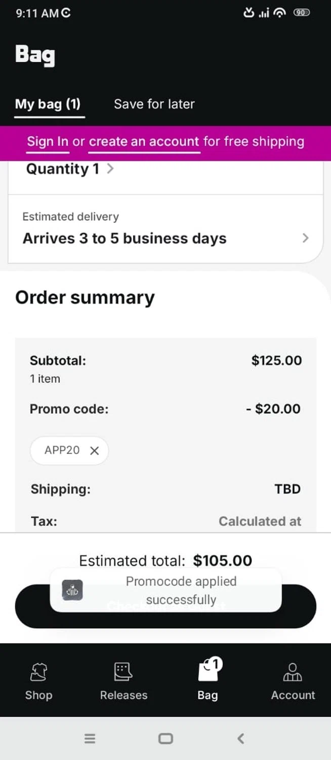 Foot Locker promo code screenshot showing code app20 applied at Foot Locker checkout page. Uploaded by SimplyCodes community member 6d796e616d656973 on Aug 15, 2025
