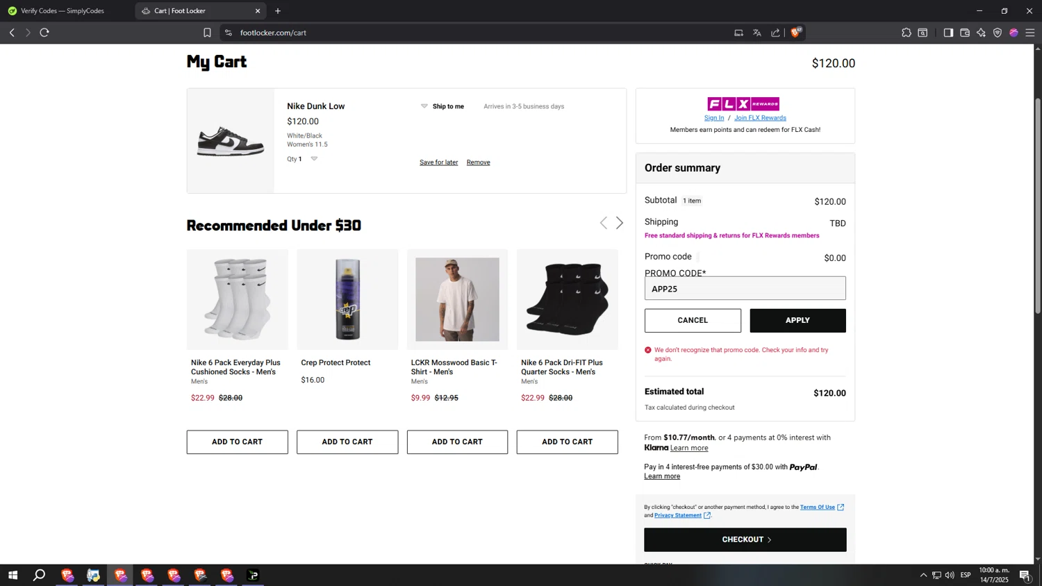 Foot Locker promo code screenshot showing code APP25 applied at Foot Locker checkout page. Uploaded by SimplyCodes community member CoheteFast on Jul 14, 2025