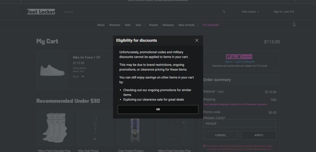Foot Locker checkout page showing Foot Locker promo code box | Screenshot taken by SimplyCodes community member on Jun 3, 2025