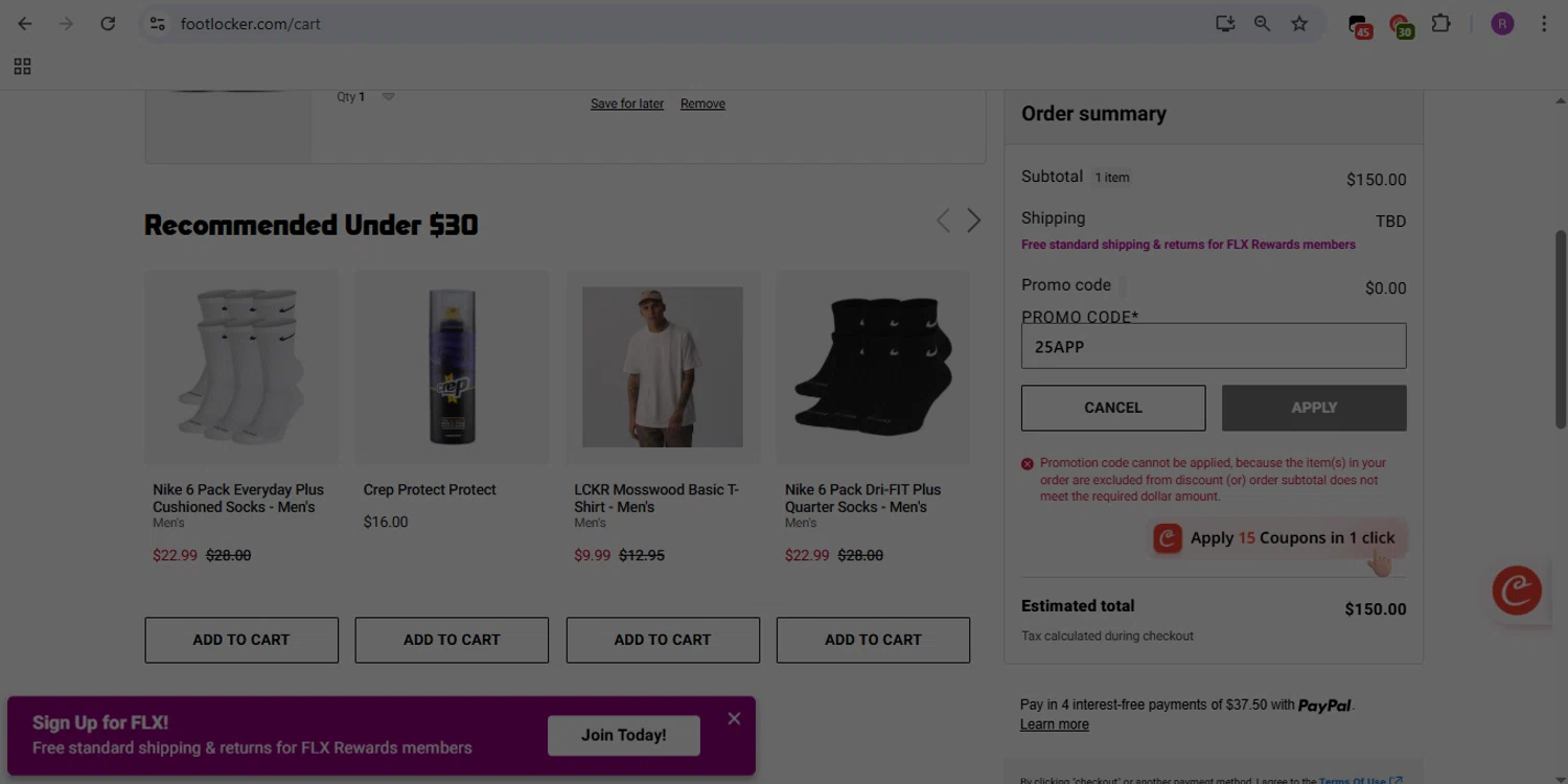 Foot Locker promo code screenshot showing code 25APP applied at Foot Locker checkout page. Uploaded by SimplyCodes community member GloriousMaven6295 on Jul 16, 2025