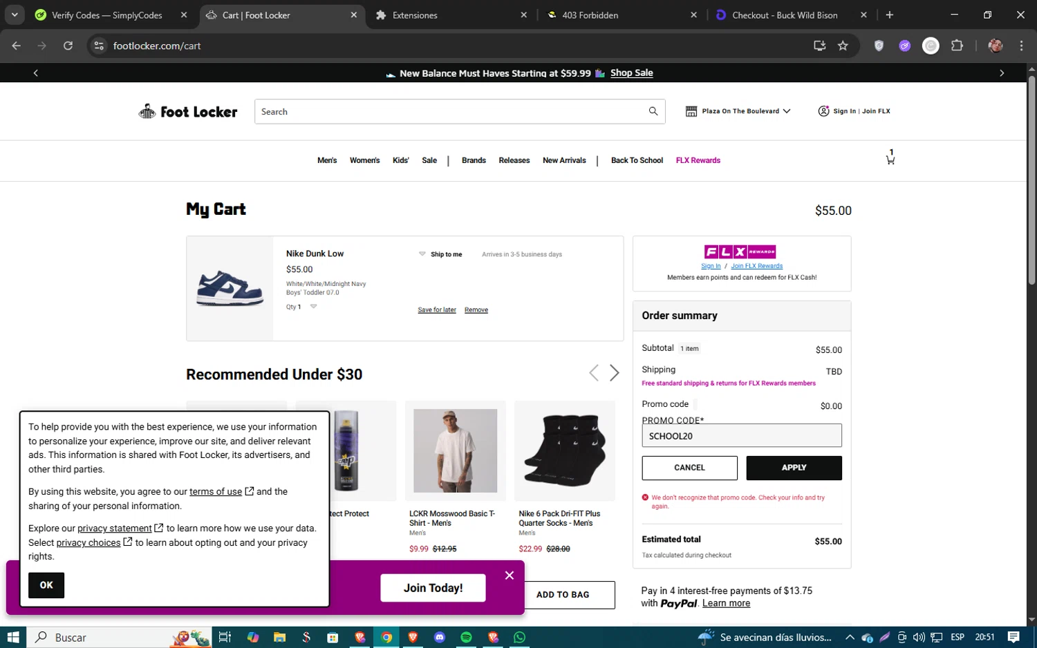 Foot Locker promo code screenshot showing code SCHOOL20 applied at Foot Locker checkout page. Uploaded by SimplyCodes community member 61451681 on Aug 4, 2025